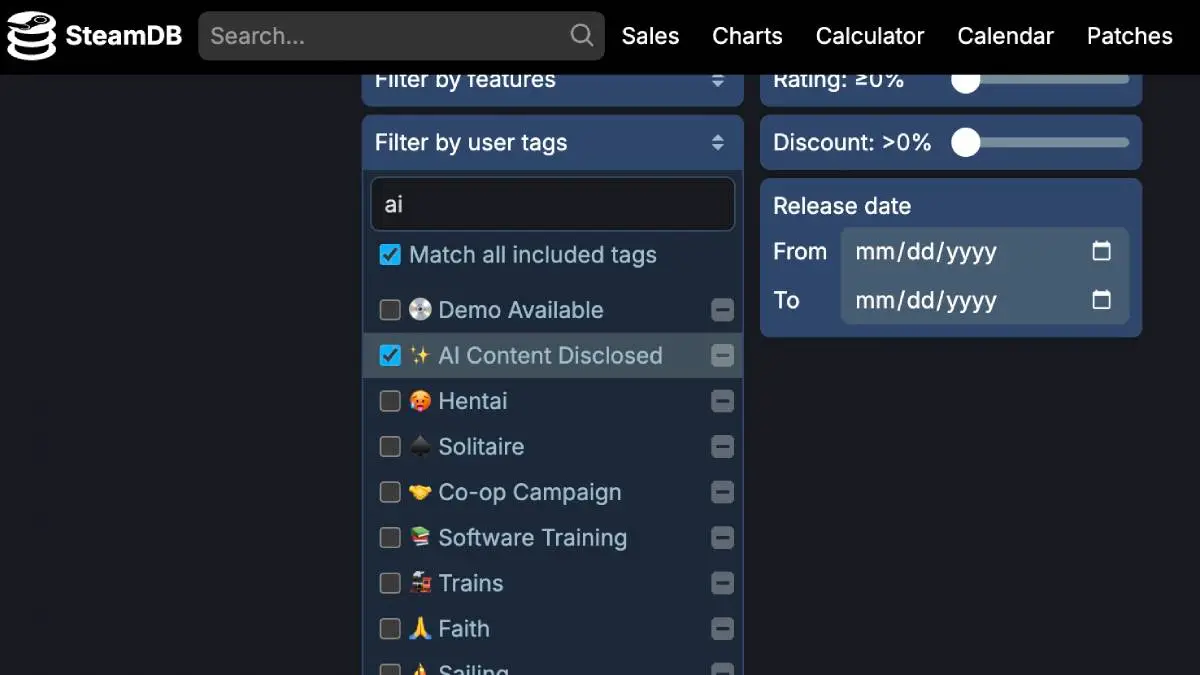 Filter Gen AI PC Games on Steam with SteamDB